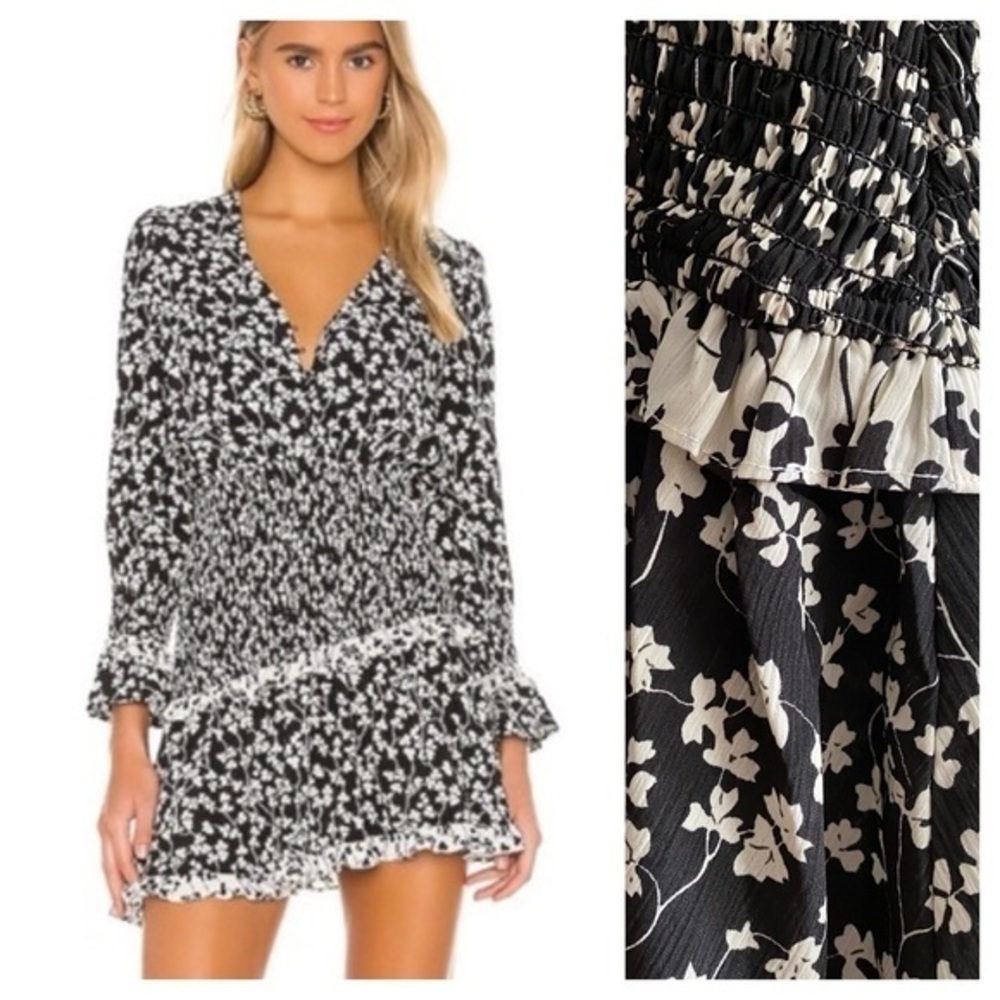 REVOLVE Elliatt Black White Floral Smocked Liliana Long Sleeve Mini Dress S
